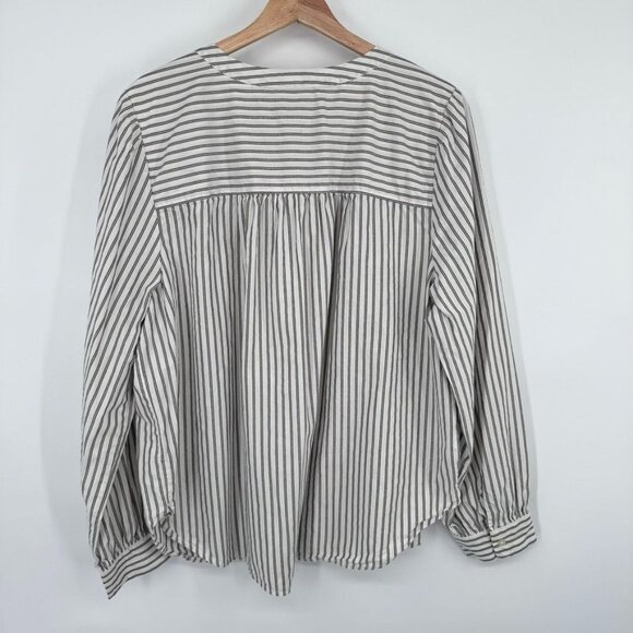 Loft Womens Striped Button-Down Blouse size XL Cotton gray gold metallic - Picture 8 of 14